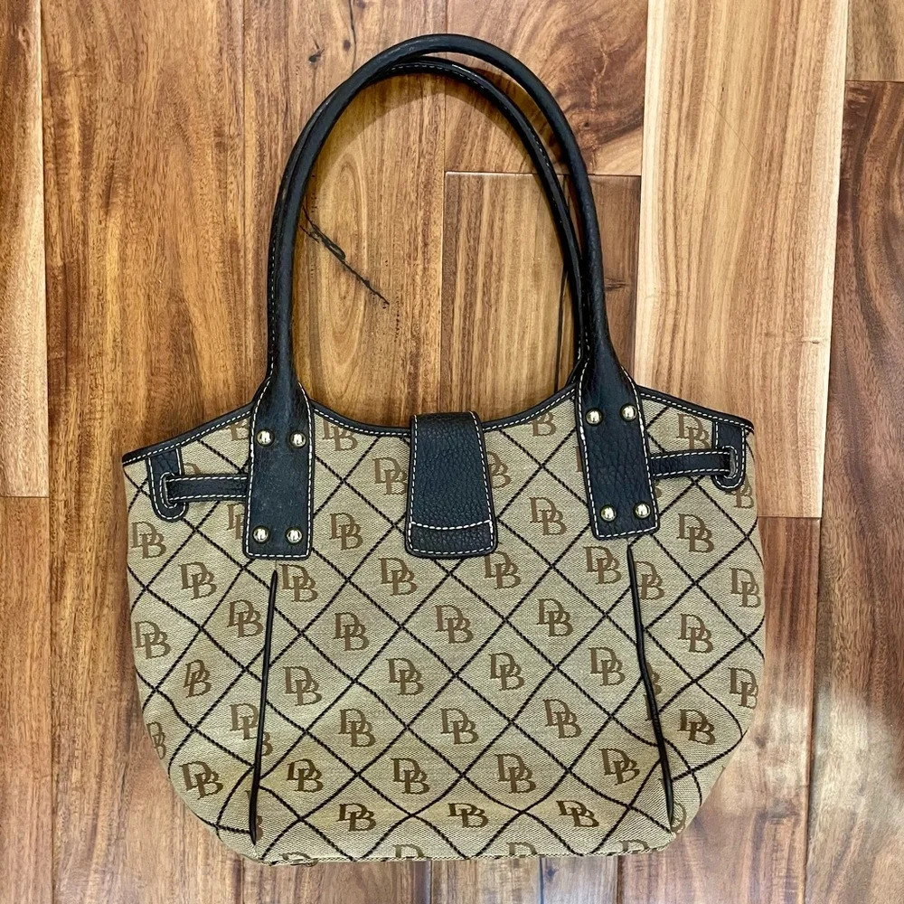 Vintage Dooney & Bourke Brown and Tan Tulip Satchel Logo Purse/Bag w/Lock Strap - Picture 4 of 13